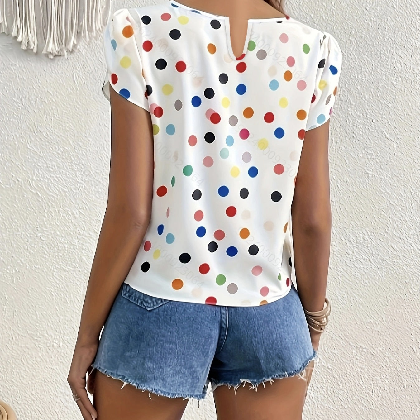 Ladies' Contrasting Color Polka Dot Print Front Tie Petal Sleeve Round Neck Hollowed Out Button Detail Design Casual Style Shirt Top