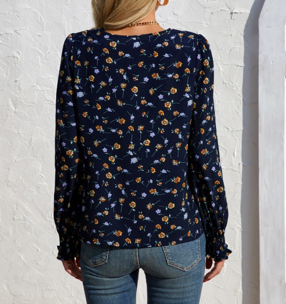 Women's V-neck Floral Long Sleeved Fashionable Shirt Top