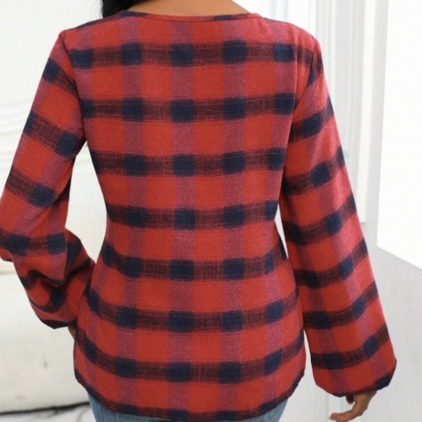 Ladies' Fashionable And Elegant Temperament Butterfly Bow Design Checkered Printed Shirt Top