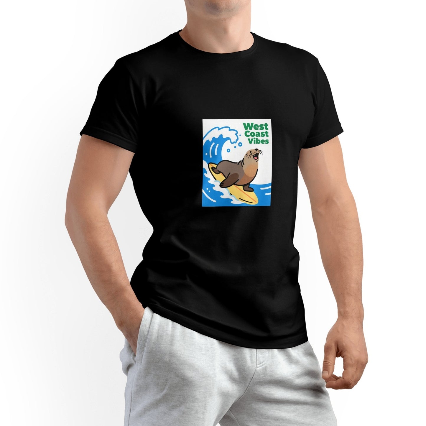 West Coast Seal Printed Men's Pure Cotton T-shirt - Casual Round Neck, Slightly Elastic, Suitable For Summer Knitted Fabric, Classic Fit Adult Shirt, Couple's Shirt