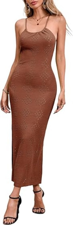 Fisoew Womens Crochet Swimsuit Cover Up Sleeveless Halter Neck Sexy Bodycon Backless Summer Knit Beach Vacation Maxi Dress