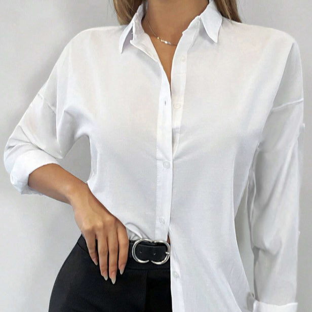 Ladies' Solid Color Button Versatile Elegant Lapel Long Sleeved Shirt Top