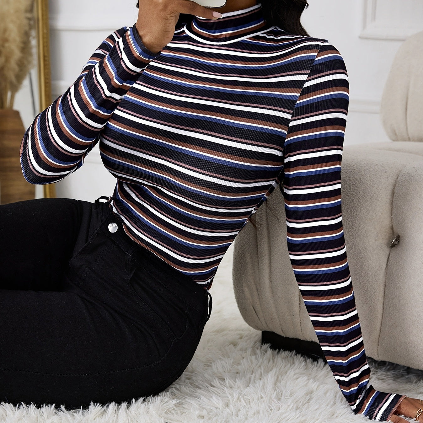 Ladies' Fashionable And Elegant Temperament Versatile Spring Multi-color Splicing Layer Long Sleeved Round Neck T-shirt Top