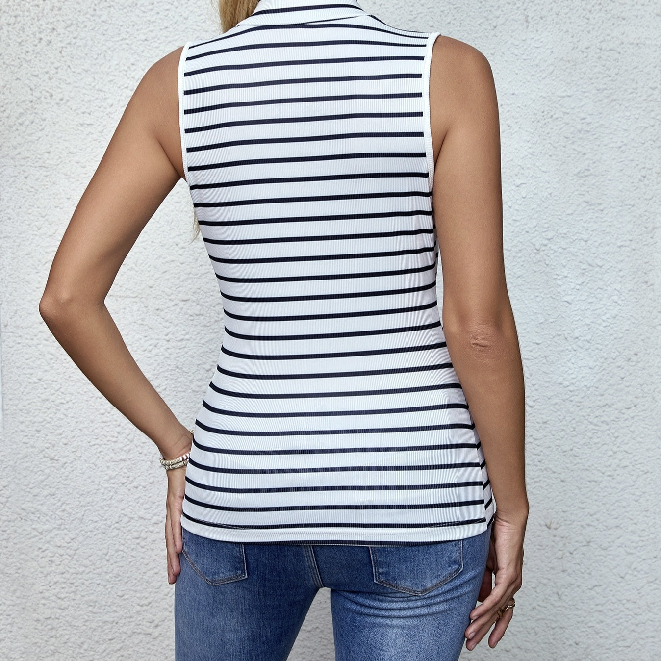 Women's V-neck Fashion Button Detail Striped Vest Top