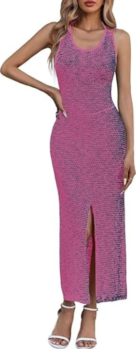 Saodimallsu Womens Backless Midi Dress Summer Beach Bodycon Halter Sleeveless Sexy Slit Cover Up Dresses