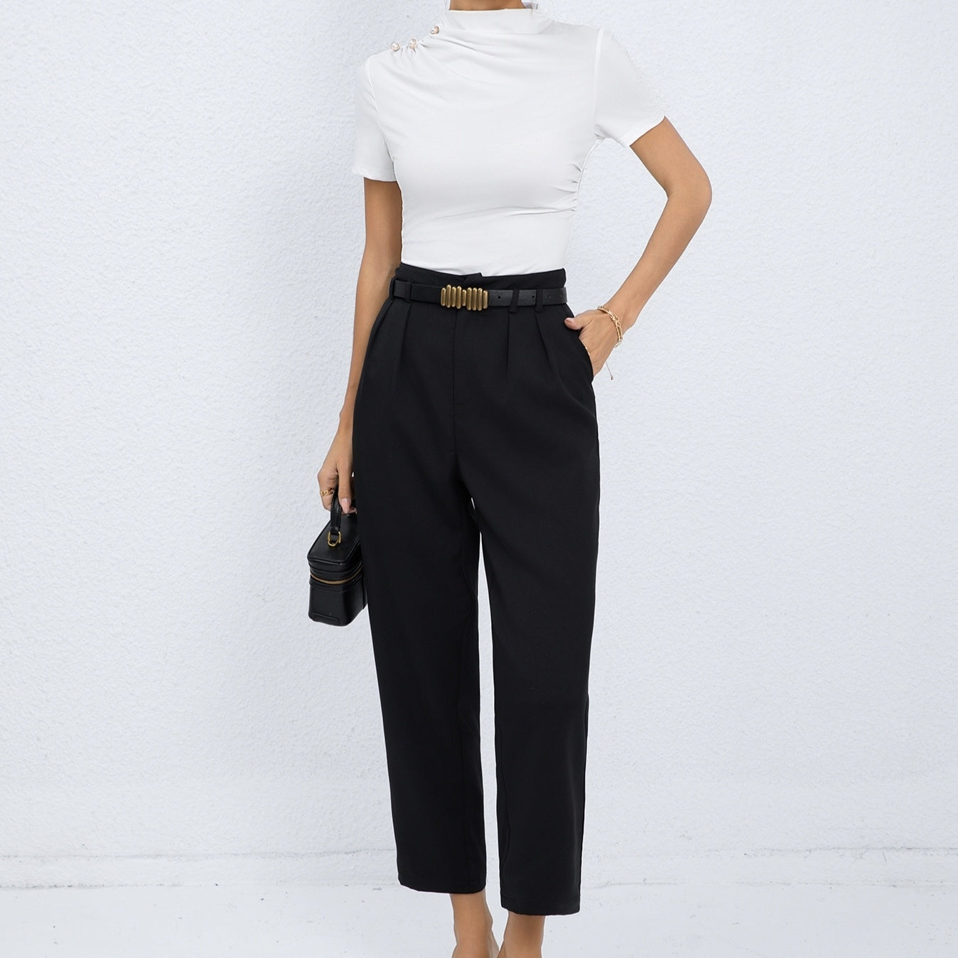 Ladies' Solid Color High Neck Short Sleeved Button Pleated Design Fashionable And Elegant T-shirt