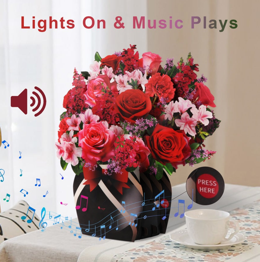 Paper Pop Up Cards Flower Bouquet 3D Rose Valentine's Day Greeting Cards Anniversary Birthday Get Well Gifts Crad For Women Girl