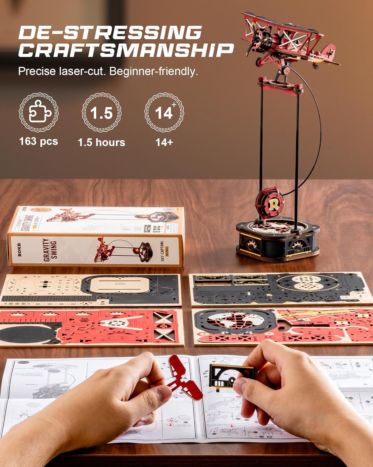 ROKR 3D Wooden Puzzle Kit - Gravity Swing Series Gladiator Fighter With Moving Mechanism, Challenging DIY Building Project For Adult Model Enthusiasts - EBS PLATFORM INC.