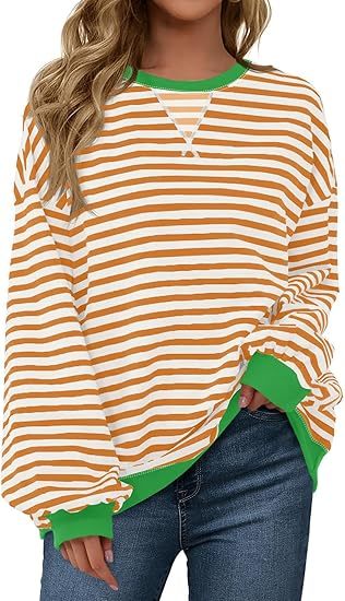 Fisoew Womens Striped Oversized Sweatshirt Color Block Crew Neck Long Sleeve Shirt Casual Loose Pullover Top Y2K Clothes