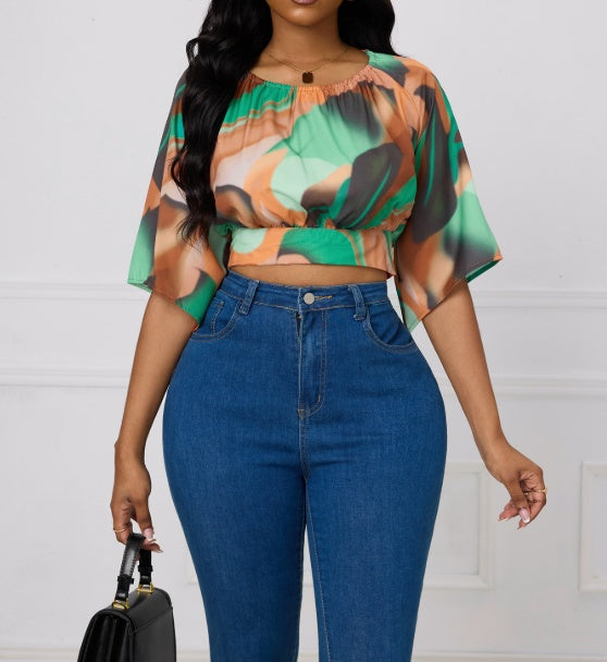 Ladies' Round Neck Printed Waist Cinched Shirt Top