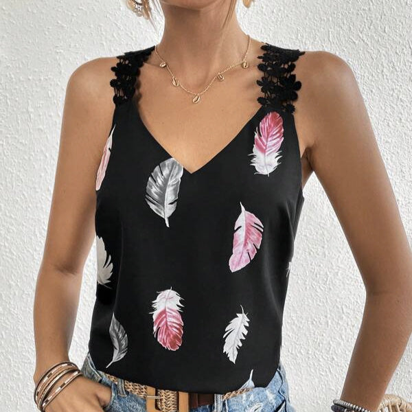 Women's Printed Feather Pattern Design V-neck Fashionable Slimming Camisole Vest