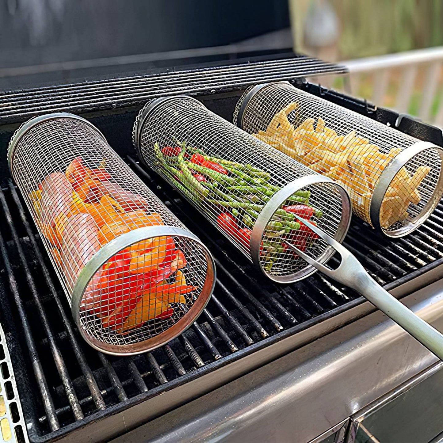 2Pcs 3.42x11.61Inch Portable BBQ Rolling Basket Round Stainless Steel Grill Mesh Barbecue Net Tube With Removable Cover Outdoor Camping