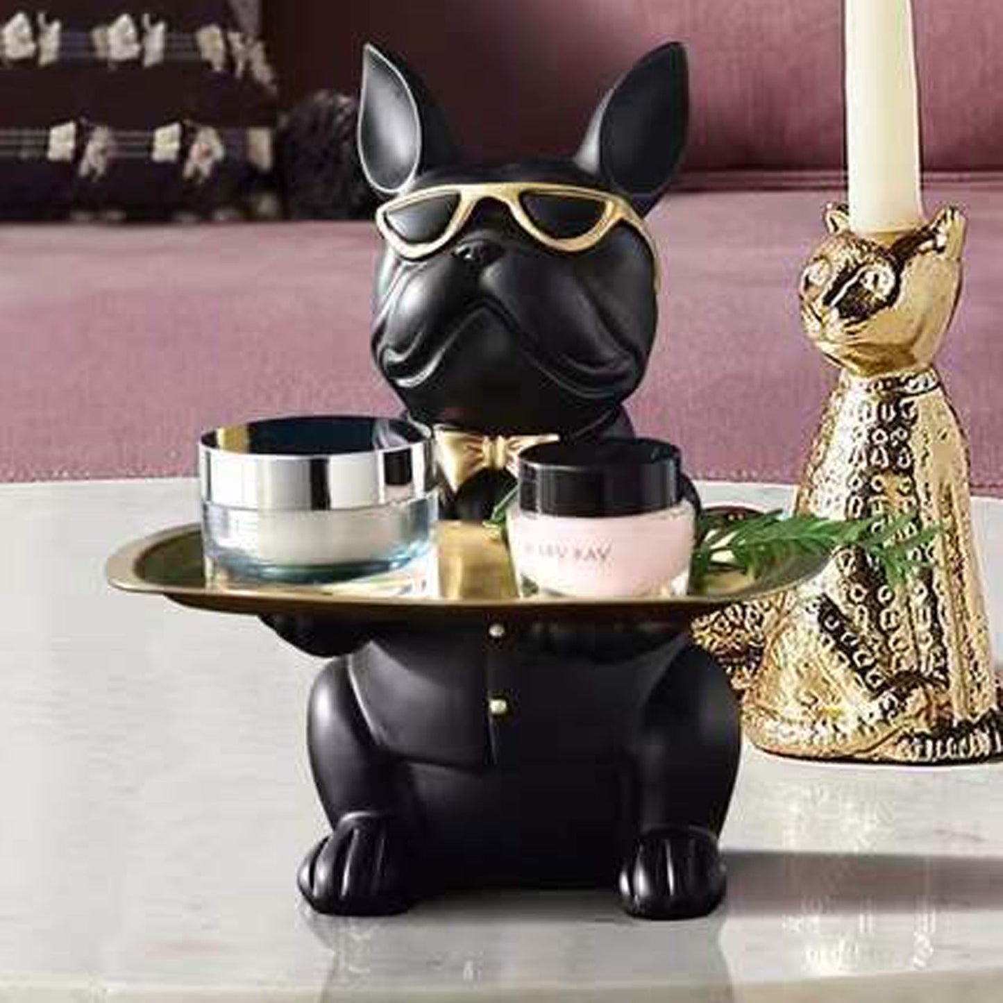 French Bulldog Statue Home Decoration, Cute Dog Statue With Tray French Bulldog Accessories Gift, Black Or Brown Sculpture Home Decoration Coin Savings Bank Storage Tray Black