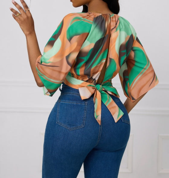 Ladies' Round Neck Printed Waist Cinched Shirt Top