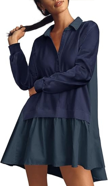 Fisoew Womens Oversized Sweatshirt Dress Long Sleeve V Neck Patchwork Casual Pullover Tops Loose Fit Mini Dresses