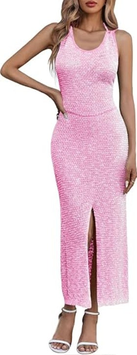 Saodimallsu Womens Backless Midi Dress Summer Beach Bodycon Halter Sleeveless Sexy Slit Cover Up Dresses