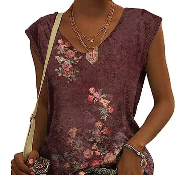 Women's Tribal Floral Print Hat Sleeve V-neck T-shirt