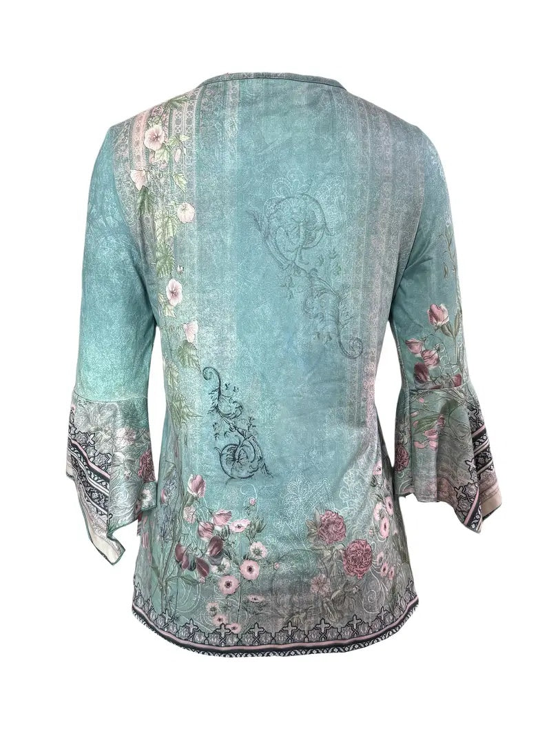 Spring Summer New Printed Studded T-shirt Irregular Three-quarter Sleeve Top