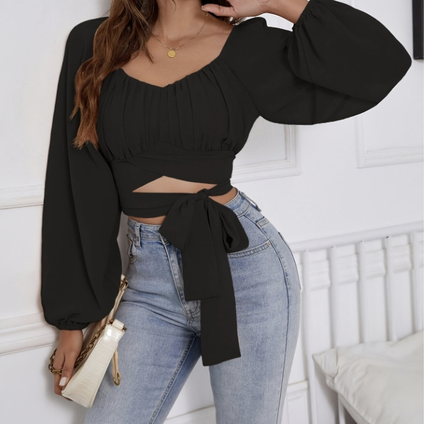 Ladies' Fashionable And Sexy Long Sleeved Lace Up Short Top Korean Retro Slim Fit Bubble Sleeve Personalized Square Neck Shirt Solid Color Slimming