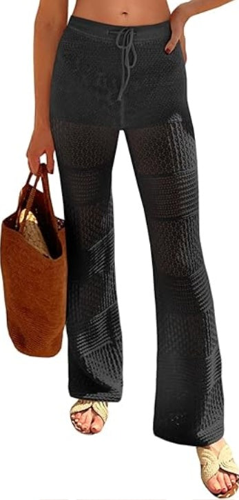Saodimallsu Womens Beach Cover Up Pants Boho Crochet Knit High Waist Drawstring Sheer Hollow Swim Pant Swimwear