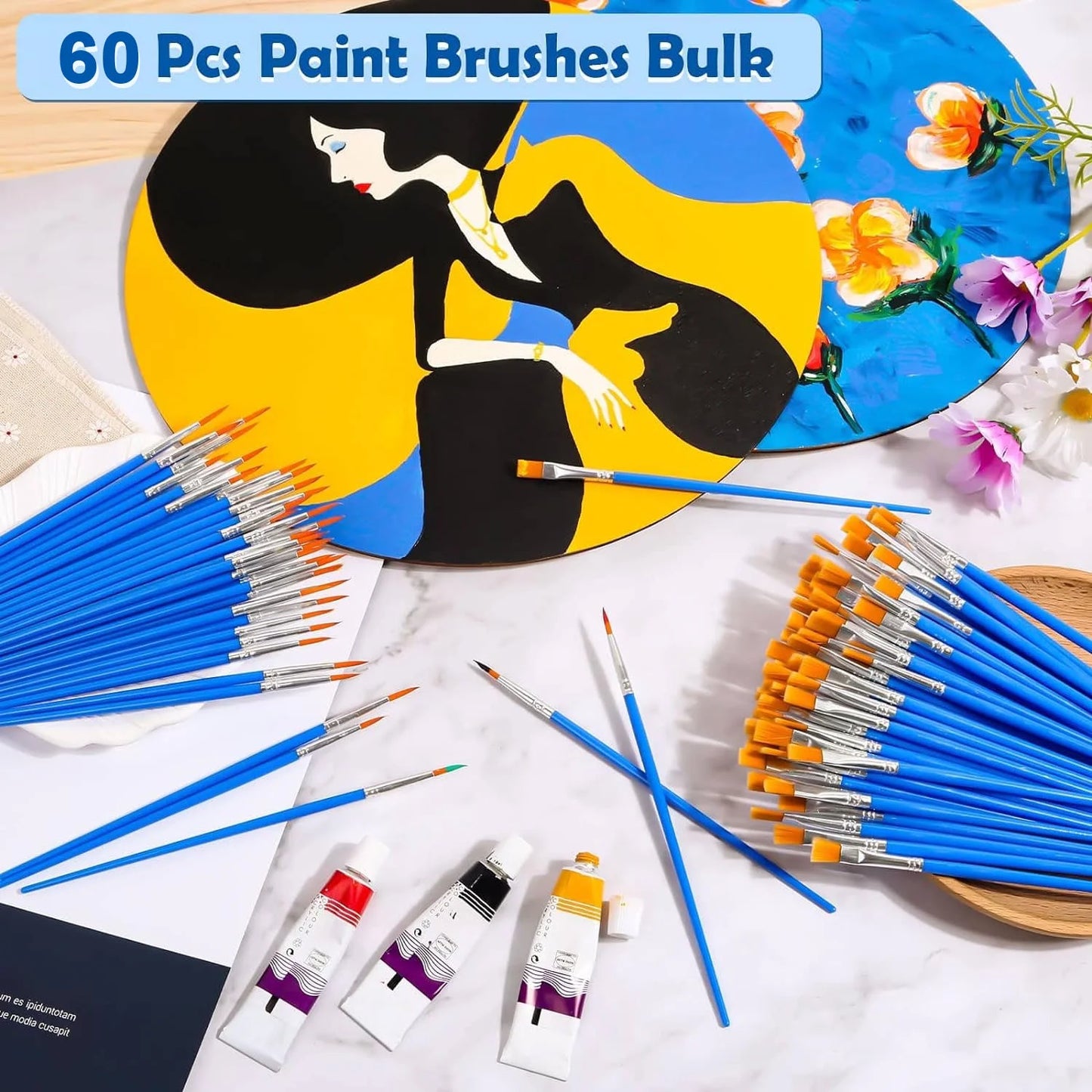 Acrylic Paint Brush Set, 60 Pcs Oil Watercolor Acrylic Paint Brush, Artist Paintbrushes for Body Face Rock Canvas, Kids Adult Drawing Arts Crafts Supplies, Blue