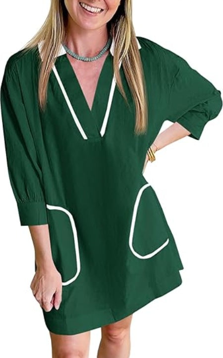Saodimallsu Womens V Neck Swimsuit Coverup Sleeve Collar Color Block Oversized Cover Ups Mini Beach Dress With Pockets