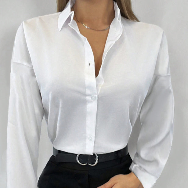 Ladies' Solid Color Button Versatile Elegant Lapel Long Sleeved Shirt Top