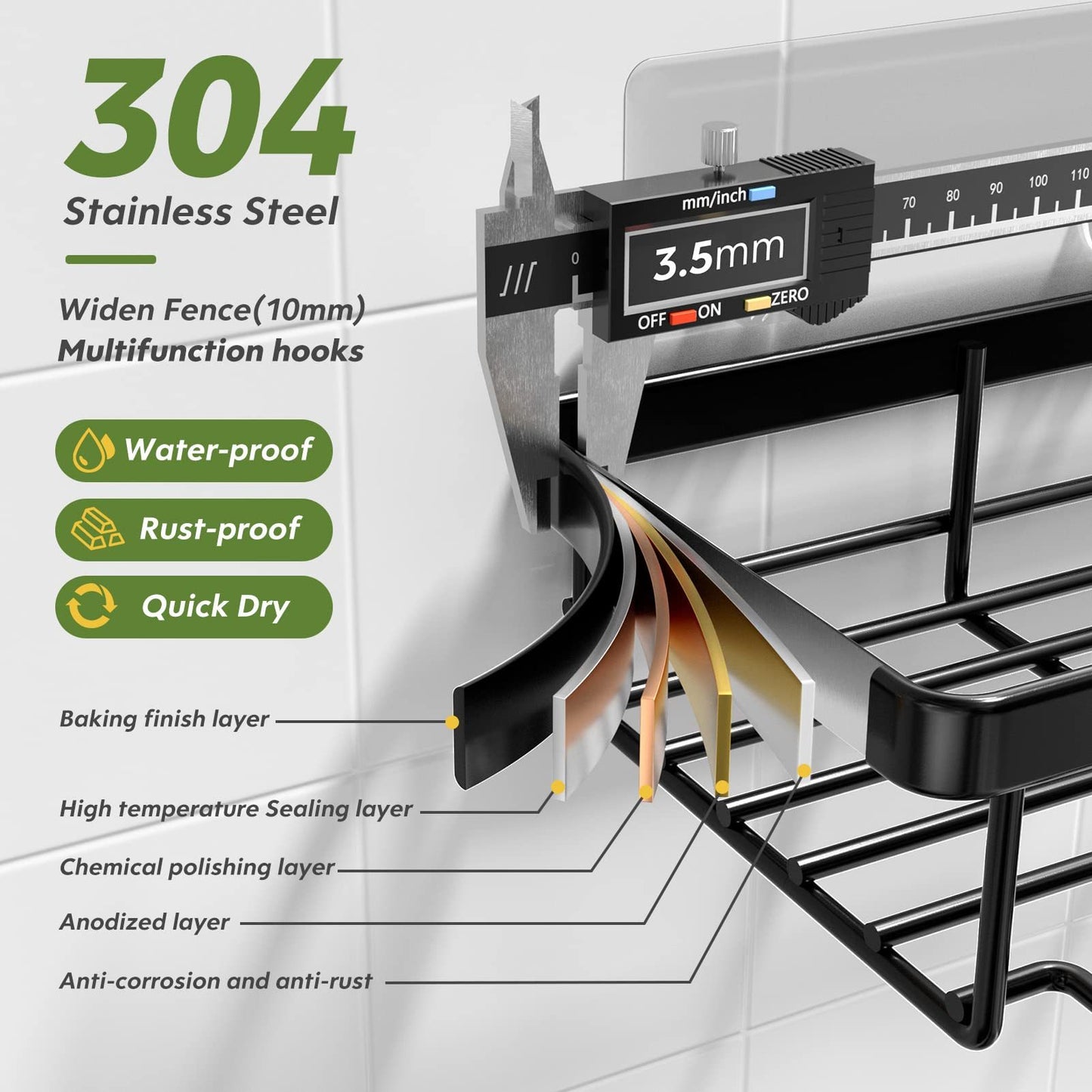 Heavy-duty Wall-mounted Shower Shelf Storage Accessories, Including Soap Dish And Toothbrush Holder, Suitable For Bathroom, Home And Kitchen, Black - EBS PLATFORM INC.