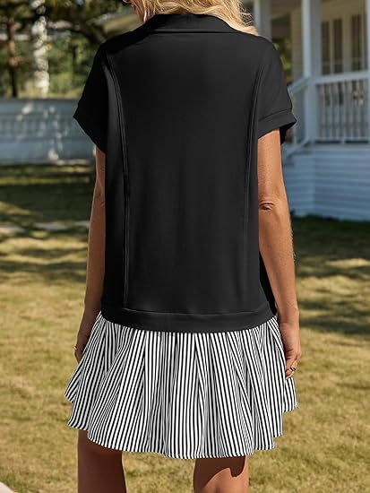 Fisoew Womens Summer Mini Dress Casual Patchwork Short Sleeve Polo V Neck Striped Dresses With Pockets