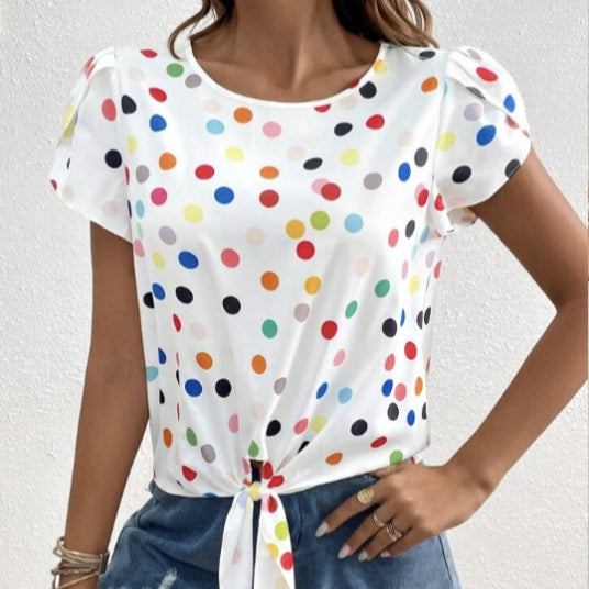 Ladies' Contrasting Color Polka Dot Print Front Tie Petal Sleeve Round Neck Hollowed Out Button Detail Design Casual Style Shirt Top