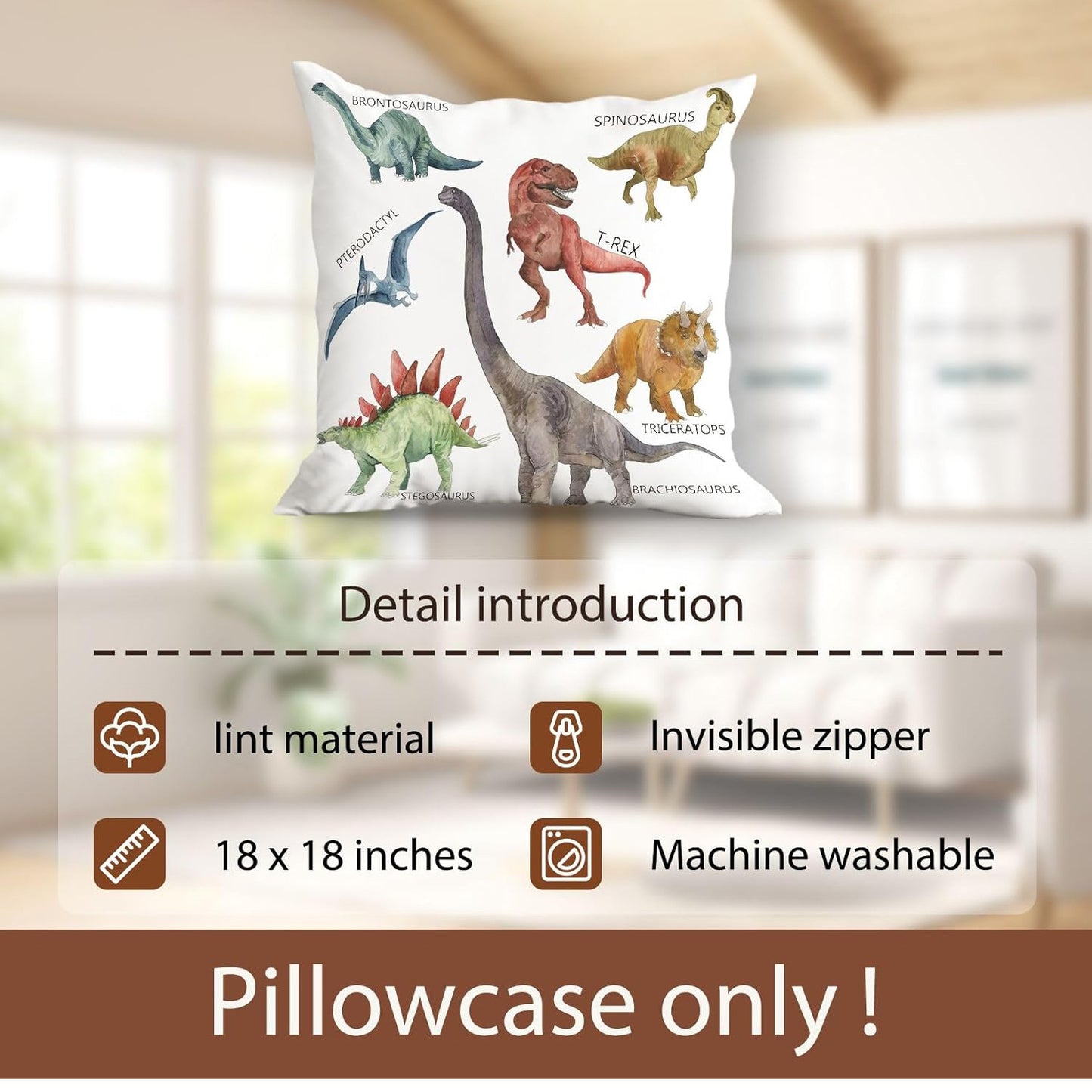 Wild Dinosaur Pillow Cover - Animal Dinosaur Pillowcase Tyrannosaurus Rex Brachiosaurus Dinosaur Pillowcase Square 18x18 Suitable For Boys' Room Home Decoration - EBS PLATFORM INC.