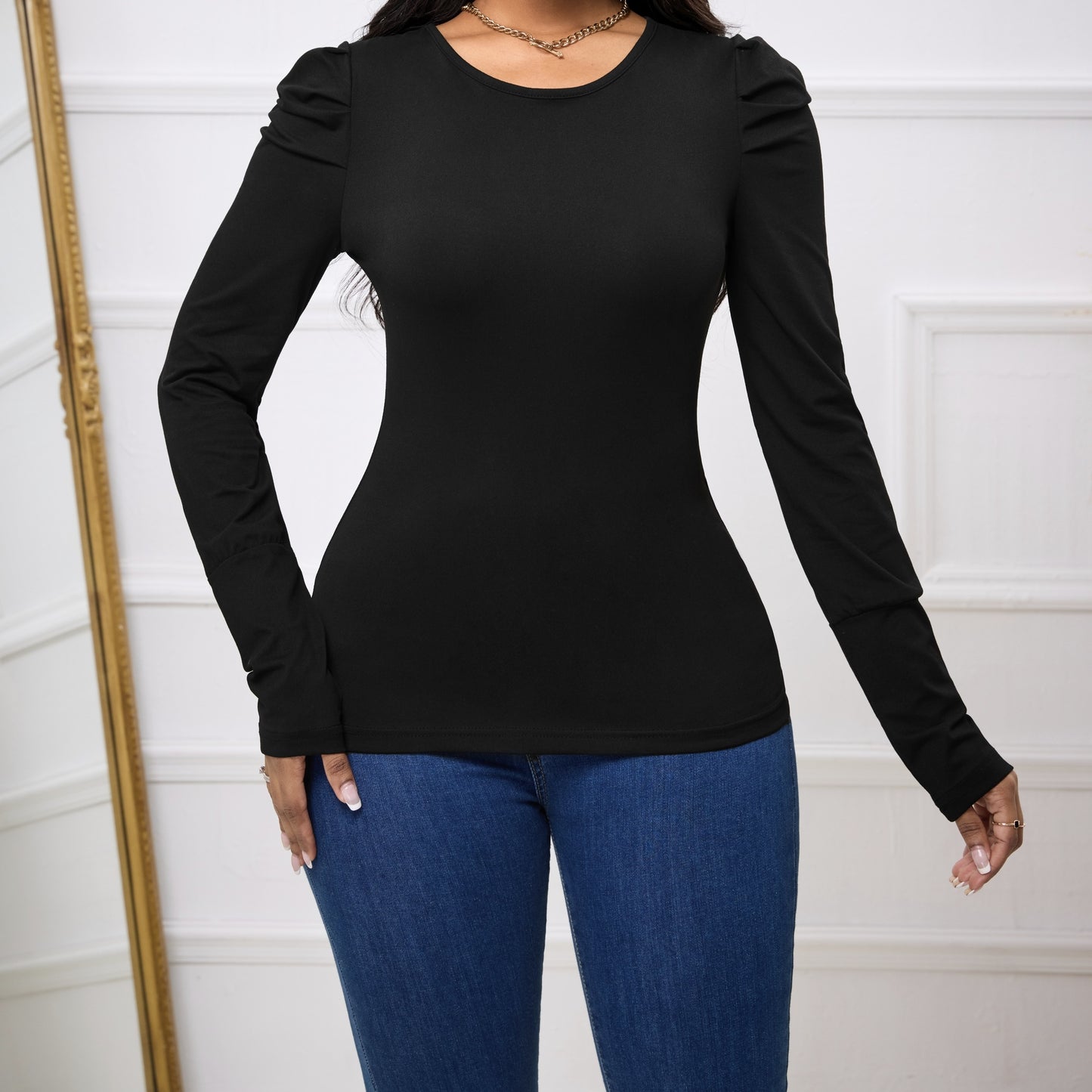 Women's Solid Color Round Neck Bubble Sleeves Slim Fit And Slimming Basic Simple And Versatile Long Sleeved T-shirt
