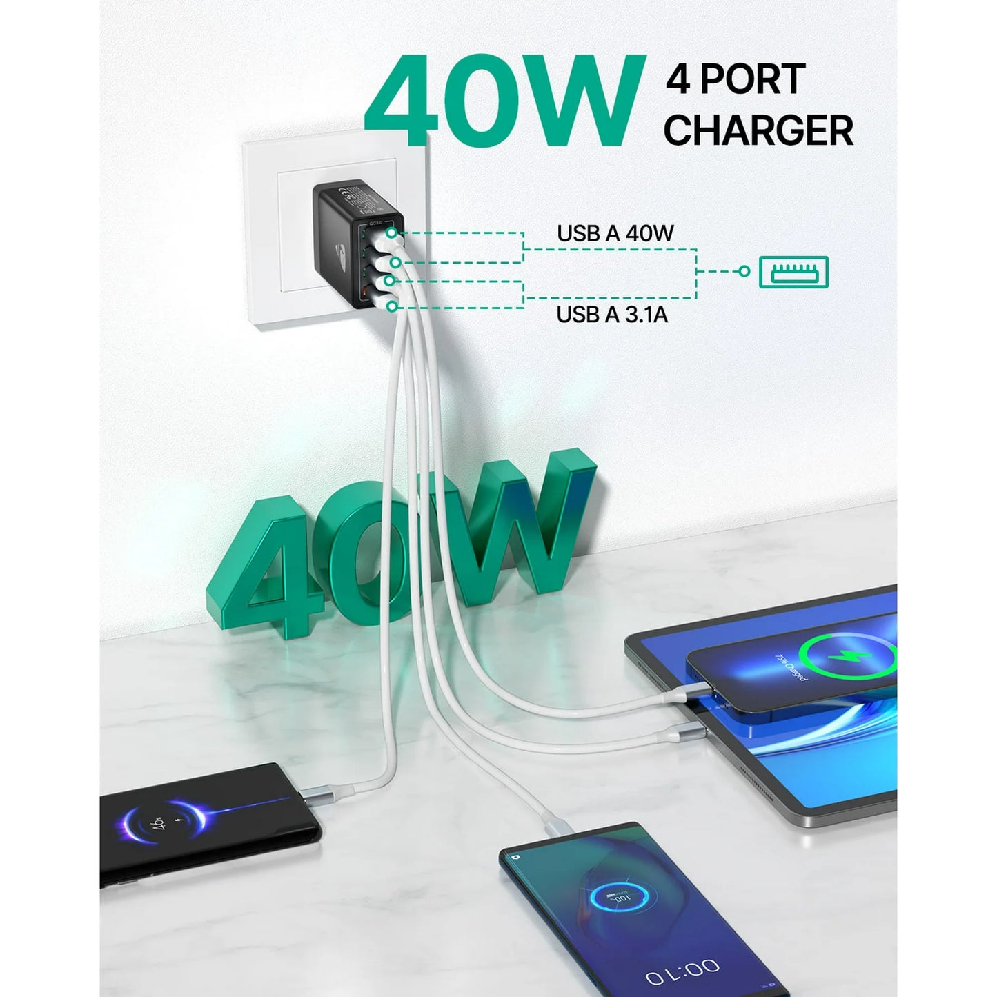 USB Wall Charger Block, 40W 4-Port Fast Charging Block Power Adapter for iPhone, Samsung Galaxy, Black