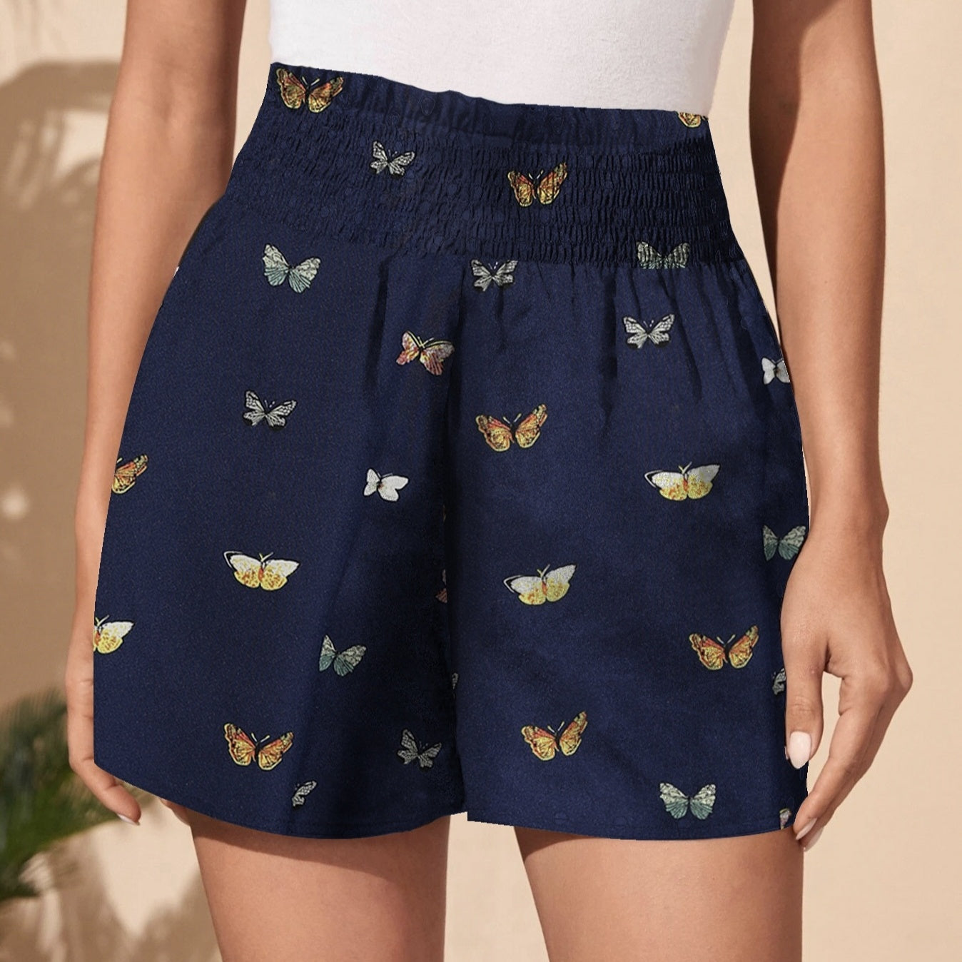 Ladies' Butterfly Print Elastic Waist Fashionable Casual Shorts