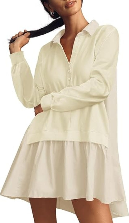 Fisoew Womens Oversized Sweatshirt Dress Long Sleeve V Neck Patchwork Casual Pullover Tops Loose Fit Mini Dresses