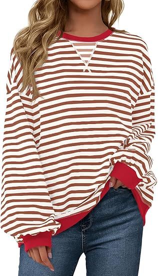 Fisoew Womens Striped Oversized Sweatshirt Color Block Crew Neck Long Sleeve Shirt Casual Loose Pullover Top Y2K Clothes