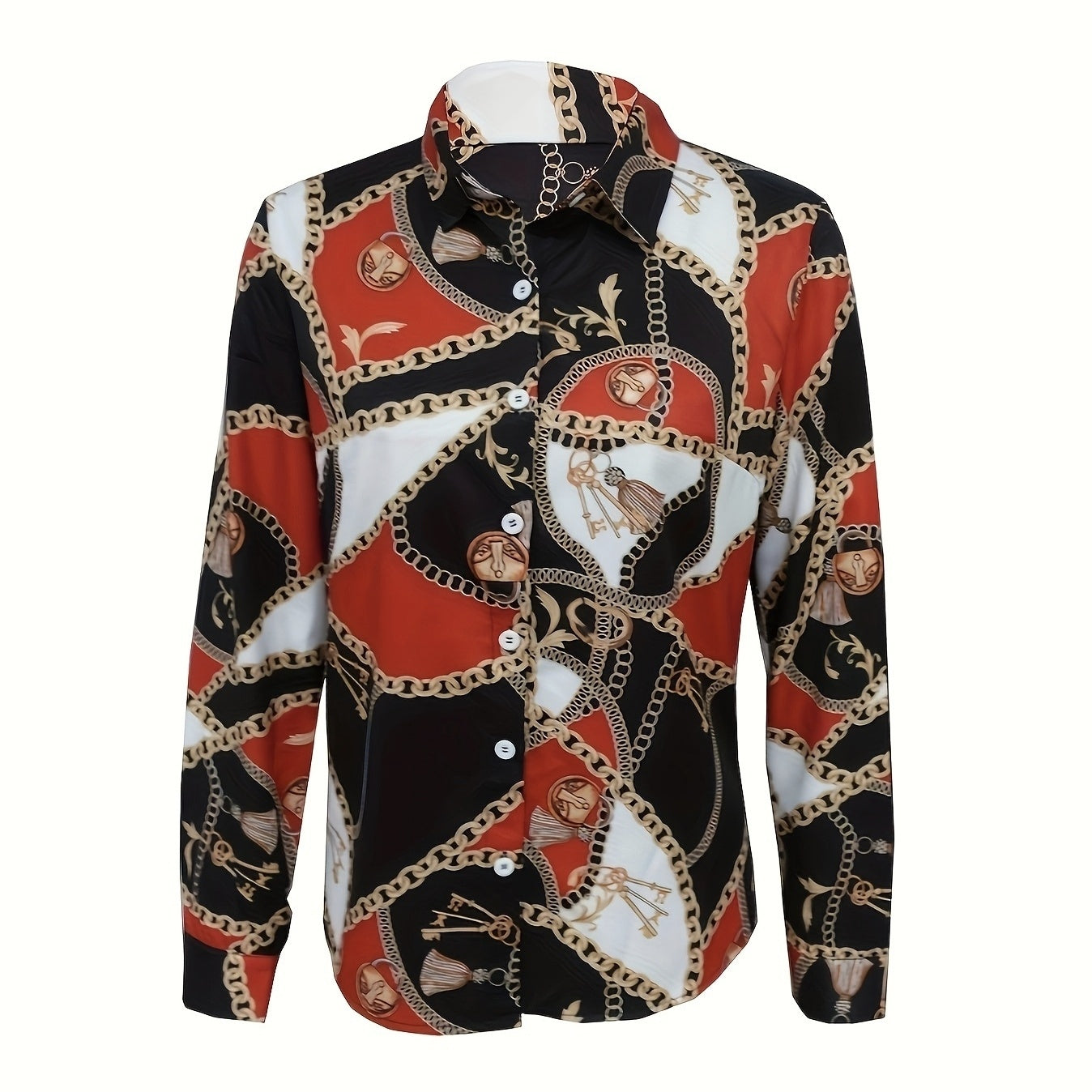 Ladies' Sexy Button Up Shirt With Fashionable Chain Print V-neck Lapel Long Sleeved Top