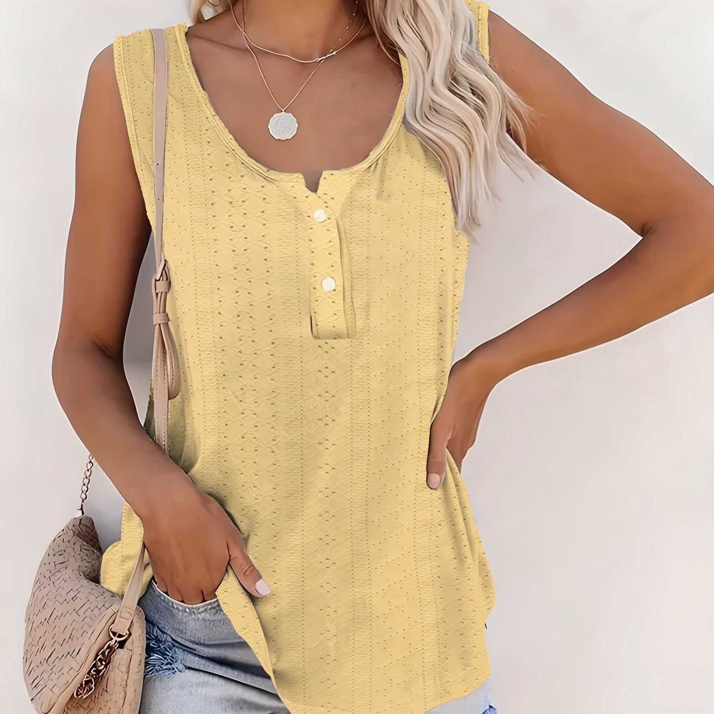 Ladies' Solid Color Sleeveless Top Vest With Lace Button Design, Fashionable Casual Top
