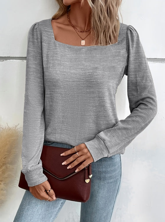 Women's Solid Color Square Neck Versatile Casual Long Sleeved Top