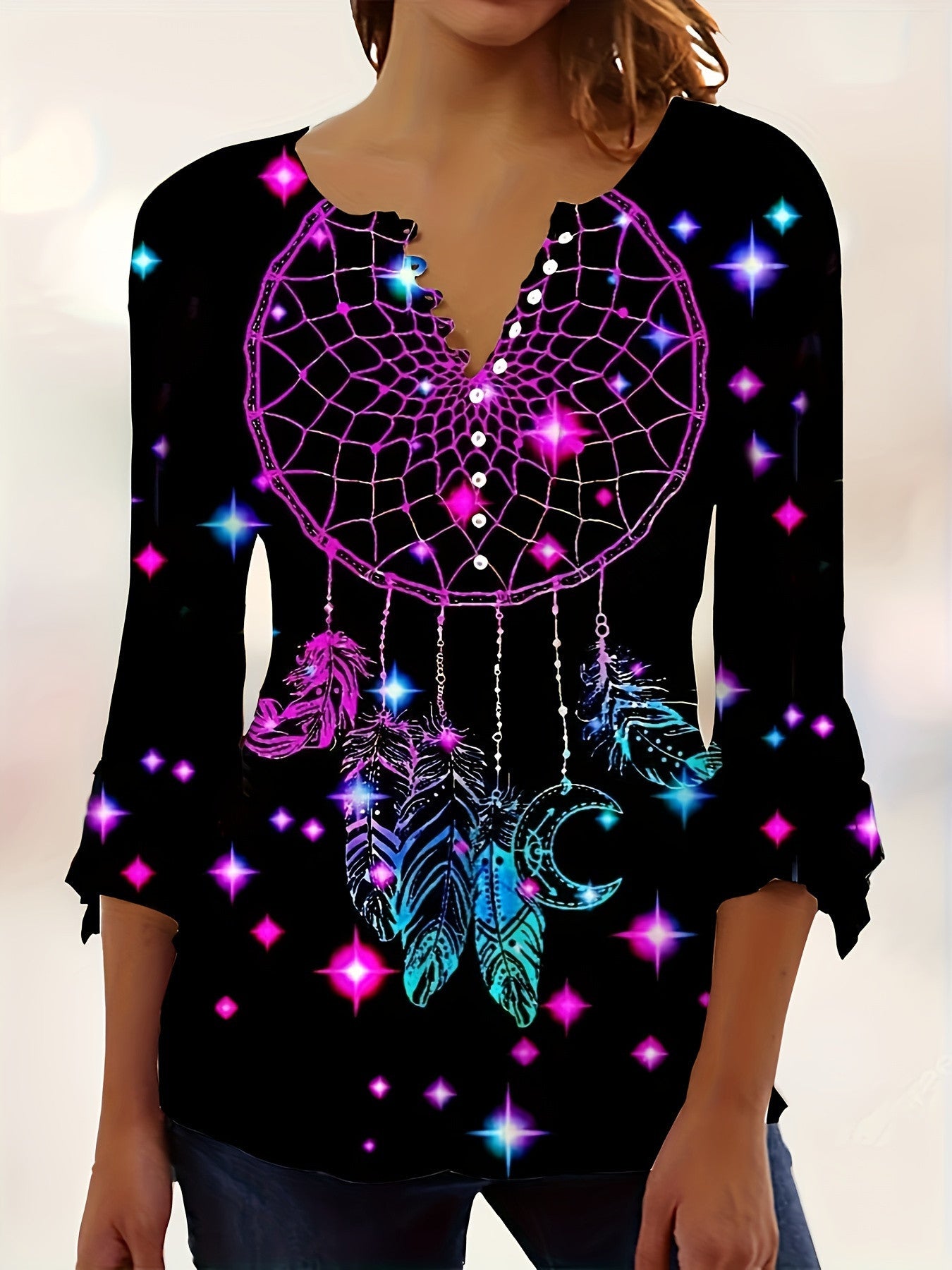 Spring And Autumn New Printed Spike Button Irregular Three-quarter Sleeve T-shirt Casual Top