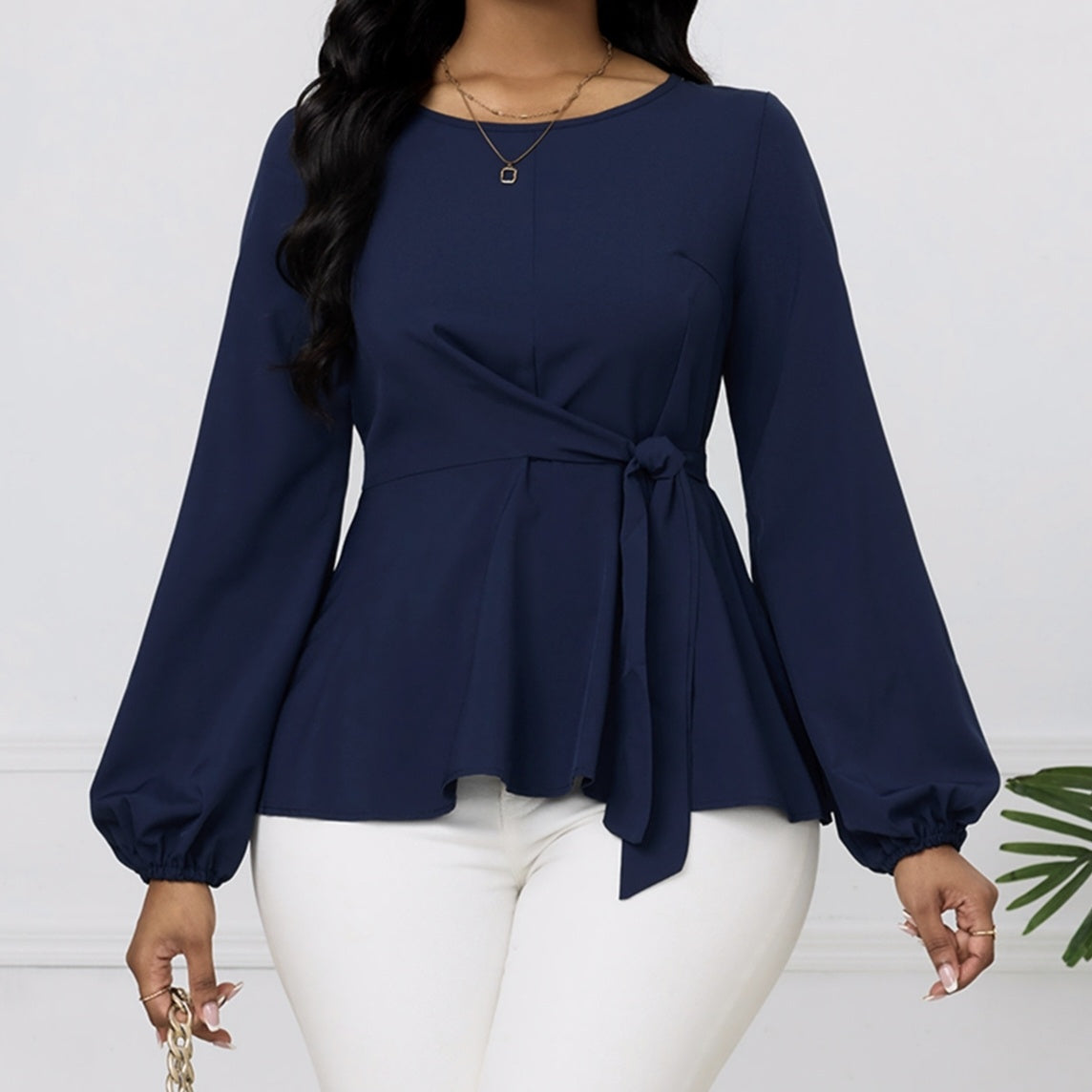 Women's Solid Color Round Neck Side Cinched Waist Tied Shirt Top