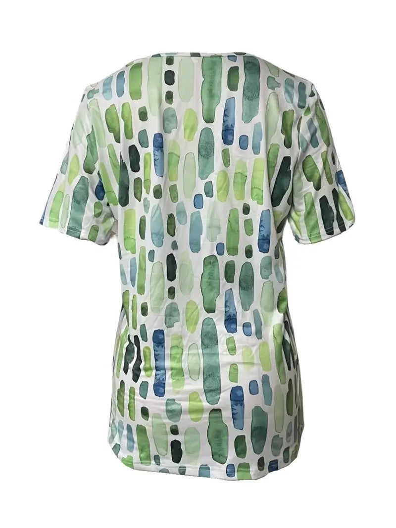 Summer New V-Neck Printed Short Sleeve T-Shirt Loose Casual Top