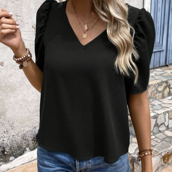 Women's Solid Color Fluffy Sleeves With V-neck Loose And Elegant Style Short Sleeved Shirt