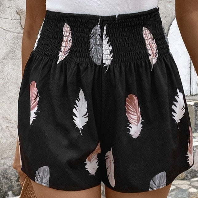 Ladies' Fashionable And Elegant Casual Vacation Feather Print Elastic Waist Shorts