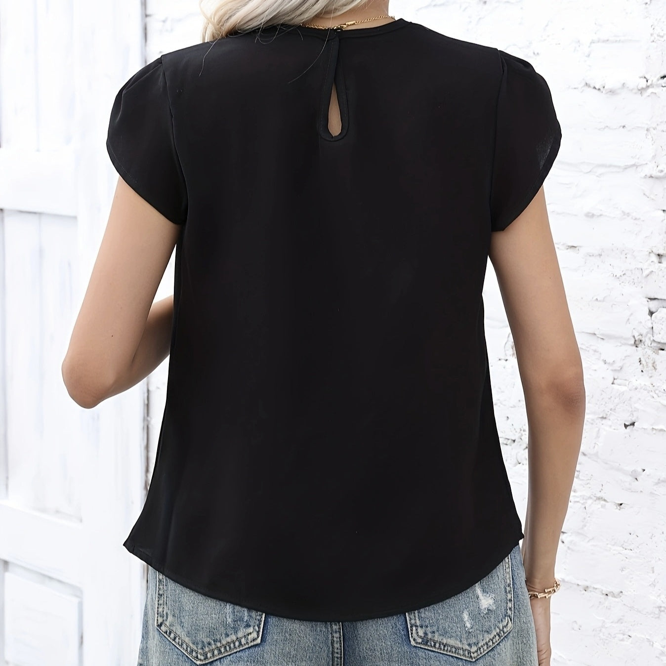 Ladies' Hollowed Out Fabric Pleated Decorative Petal Sleeves Button Details Casual Style Pullover Round Neck Short Sleeved Shirt Top