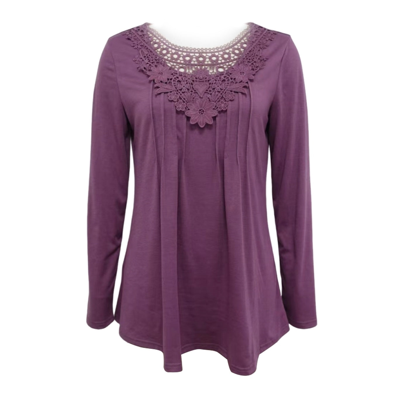 Ladies' Fashion New Solid Color Lace Splicing Round Neck T-shirt Casual Top