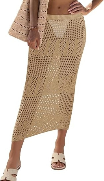 Fisoew Womens Crochet Skirt Cover Up High Waist Sheer Mesh Beach Maxi Skirts Hollow Out Knit Swimsuit Coverups