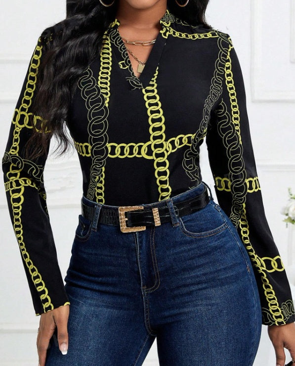 Ladies' Chain V-neck Printed Fashion Shirt