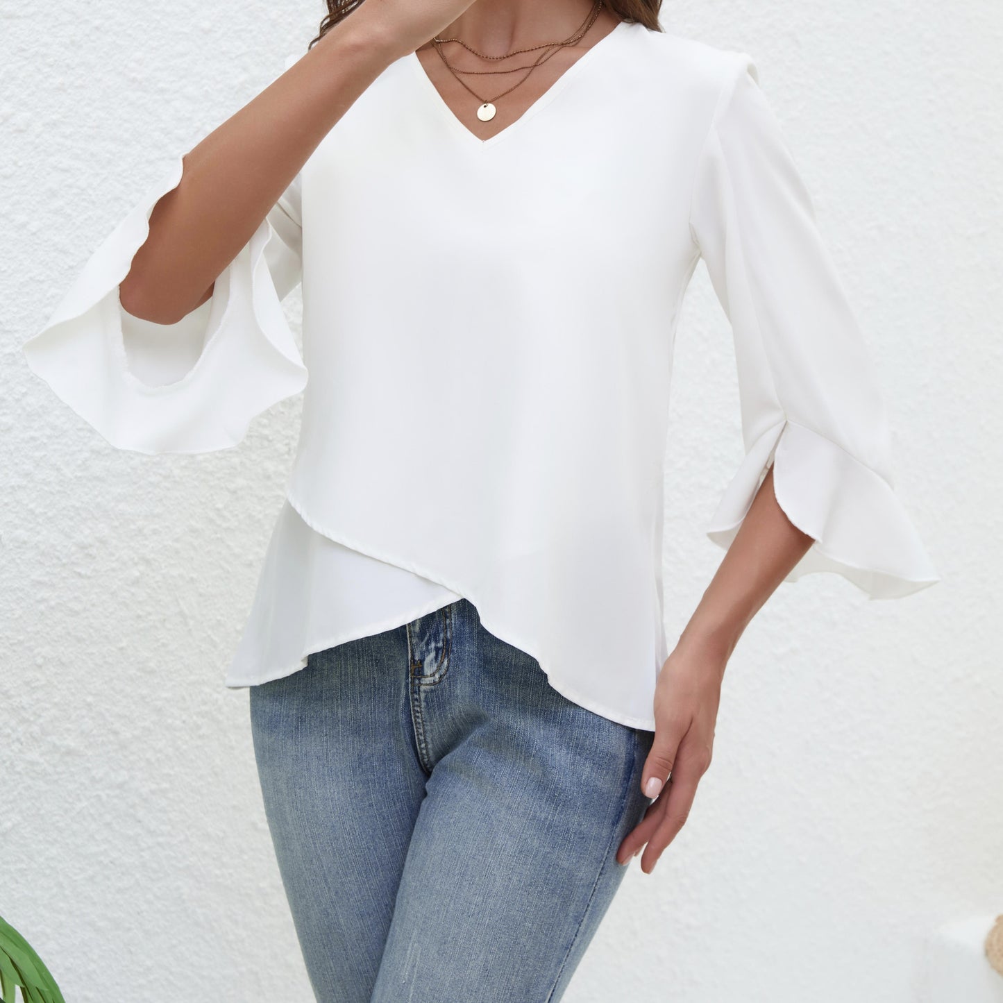 Women's Solid Color V-neck Ruffled Irregular Flared Sleeve Shirt Top