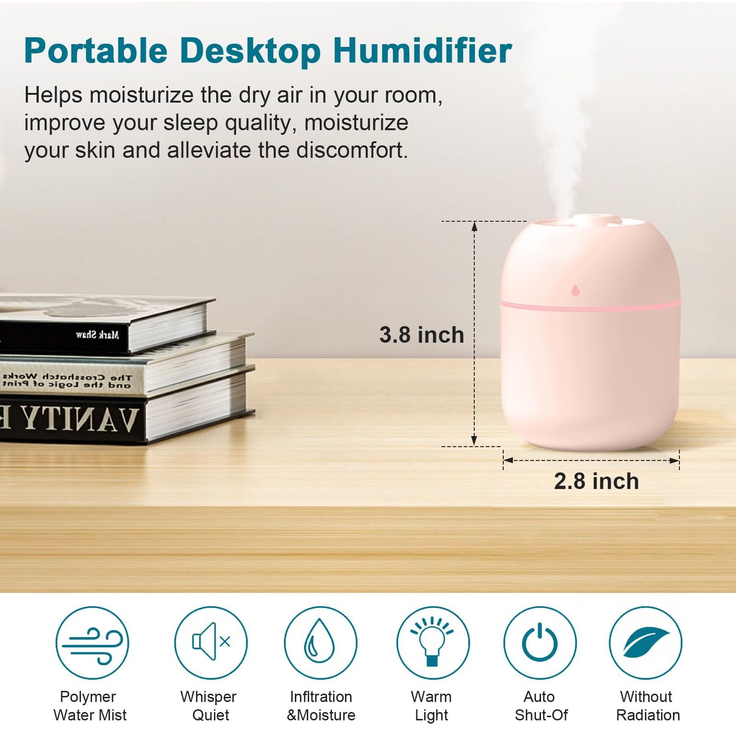 Portable Mini Humidifier 220ml Small Cool Mist Humidifier USB Personal Desktop Humidifier For Bedroom Travel Office Home